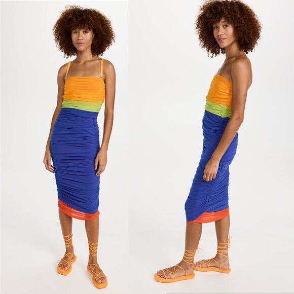 SIMON MILLER Jota Mesh Midi Bodycon DRESS Sz XS Color Block Yellow Blue NEW $295 - Picture 2 of 13